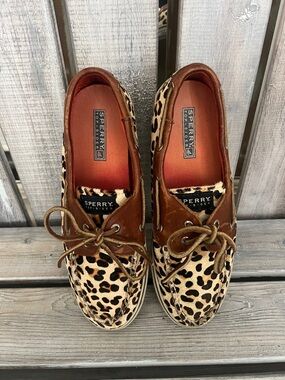 Sperry Leopard Print and Brown Leather Lace-Up Boat Shoes